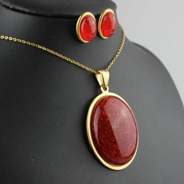 Stainless Steel Jewelry Egg Shape Special Resin Stone Jewelry Sets for Women in Gold Color