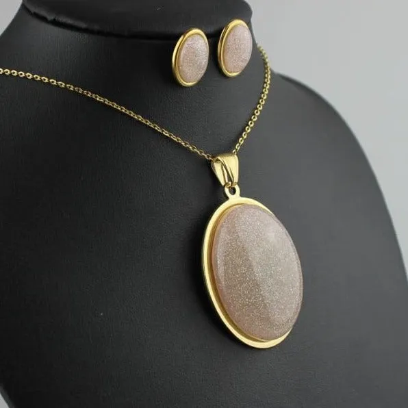 Stainless Steel Jewelry Egg Shape Special Resin Stone Jewelry Sets for Women in Gold Color