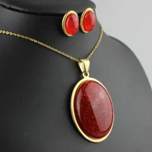 Stainless Steel Jewelry Egg Shape Special Resin Stone Jewelry Sets for Women in Gold Color