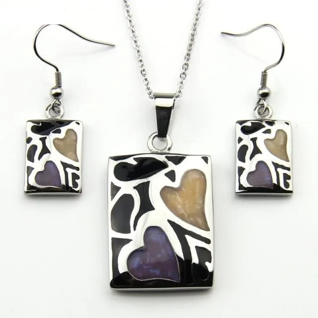 Stainless Steel Jewelry Heart Enamel Jewelry Set for Women in Silver Color