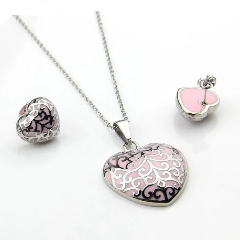 Stainless Steel Jewelry Retro Pattern Heart Enamel Jewelry Set for Women in Silver Color