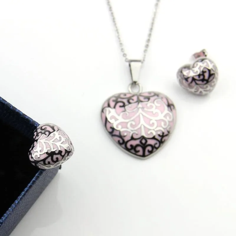 Stainless Steel Jewelry Retro Pattern Heart Enamel Jewelry Set for Women in Silver Color