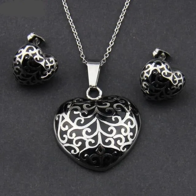 Stainless Steel Jewelry Retro Pattern Heart Enamel Jewelry Set for Women in Silver Color