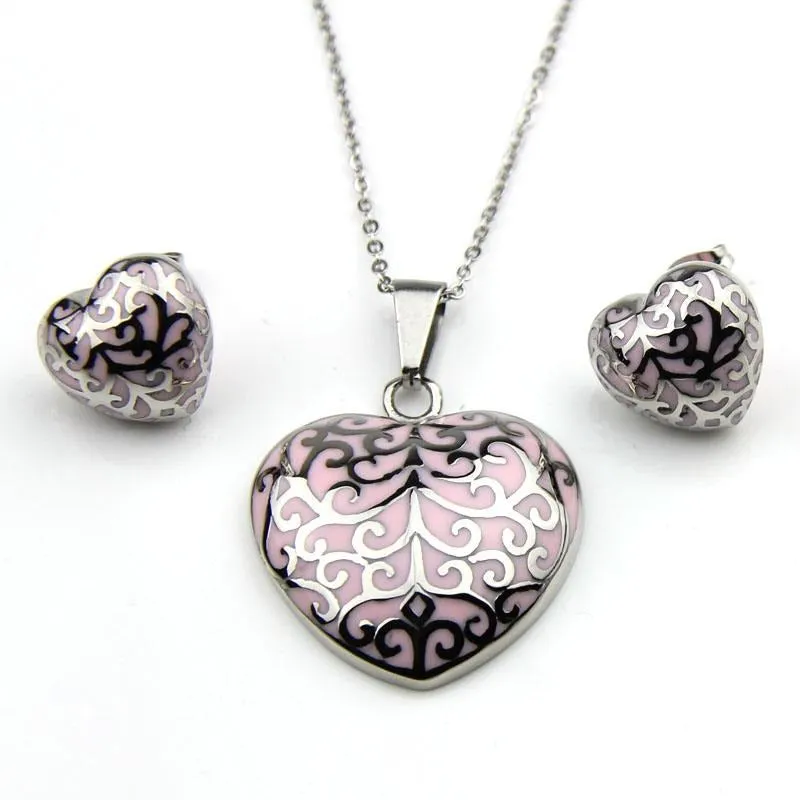 Stainless Steel Jewelry Retro Pattern Heart Enamel Jewelry Set for Women in Silver Color