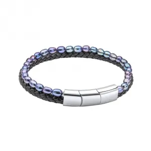 Stainless Steel Peacock Freshwater Pearl And Black Leather Bracelet B5453