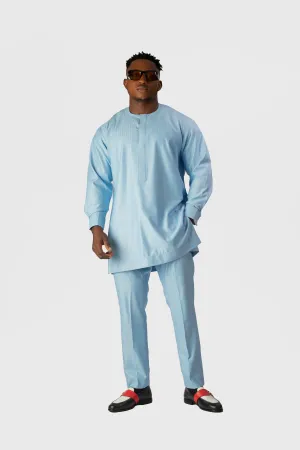 Standard Length Long Sleeve Wool Matching Set in Double Blue Pinstripe