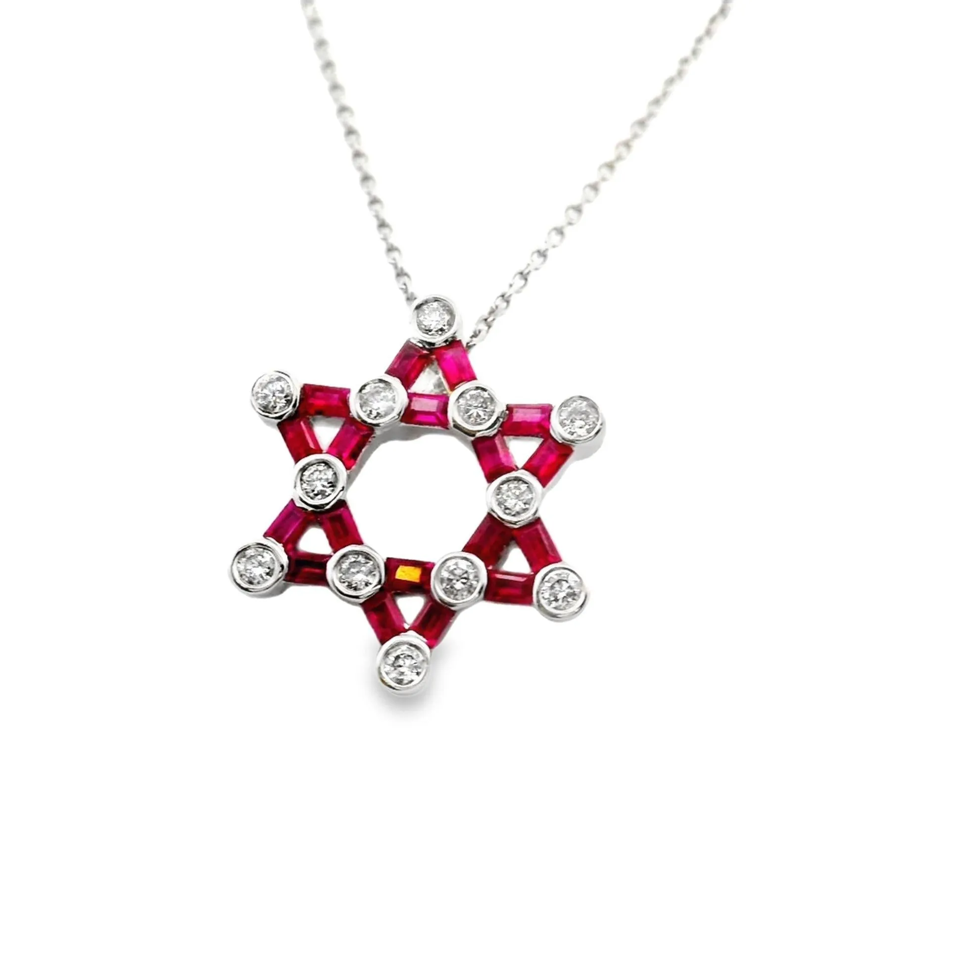 Star of David Ruby Diamond 18k Gold Necklace Pendant