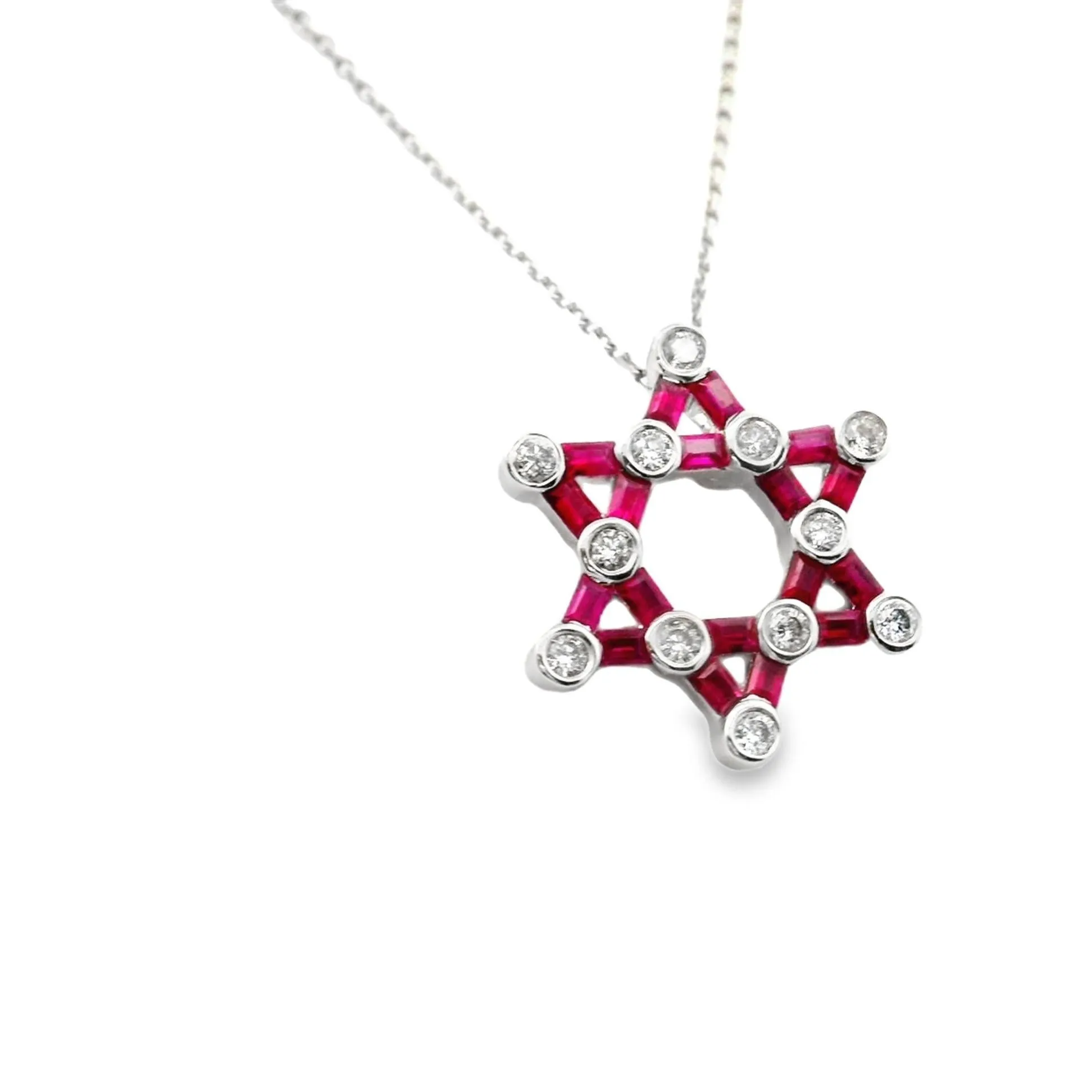 Star of David Ruby Diamond 18k Gold Necklace Pendant