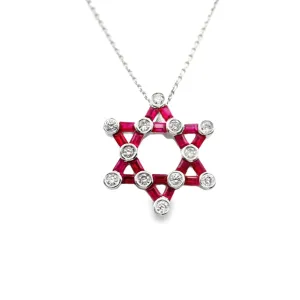 Star of David Ruby Diamond 18k Gold Necklace Pendant