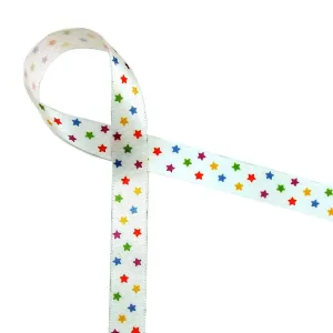 Stars Ribbon in Primary Colors on White 5/8" Single Face Satin Ribbon