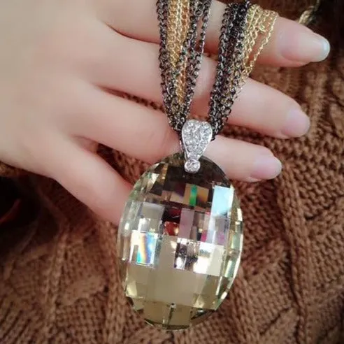 Statement Jewelry Big Oval Glass Crystal Pendant Necklace for Women as Sweater Accessories