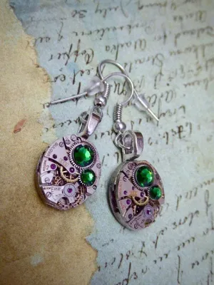 Steampunk ear gear - Emerald - Steampunk Earrings - Repurposed art