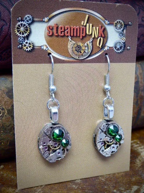 Steampunk ear gear - Emerald - Steampunk Earrings - Repurposed art