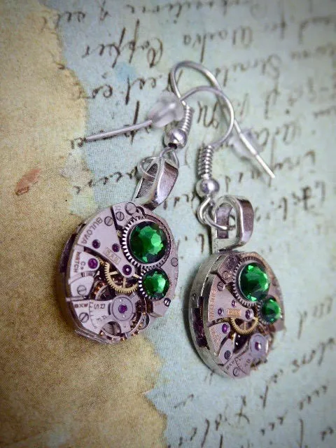 Steampunk ear gear - Emerald - Steampunk Earrings - Repurposed art