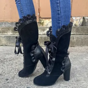 Steampunk Lace Ruffles Leather Suede High Heel Boots