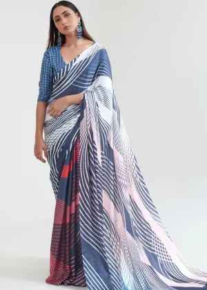 Steel Blue & White Satin Silk Digital Printed Saree