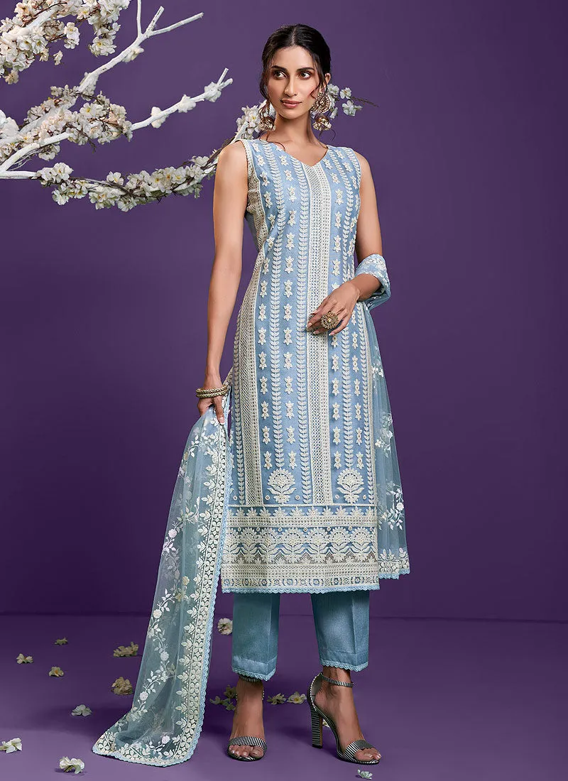 Steel Blue Lucknowi Embroidery Designer Pant Style Suit