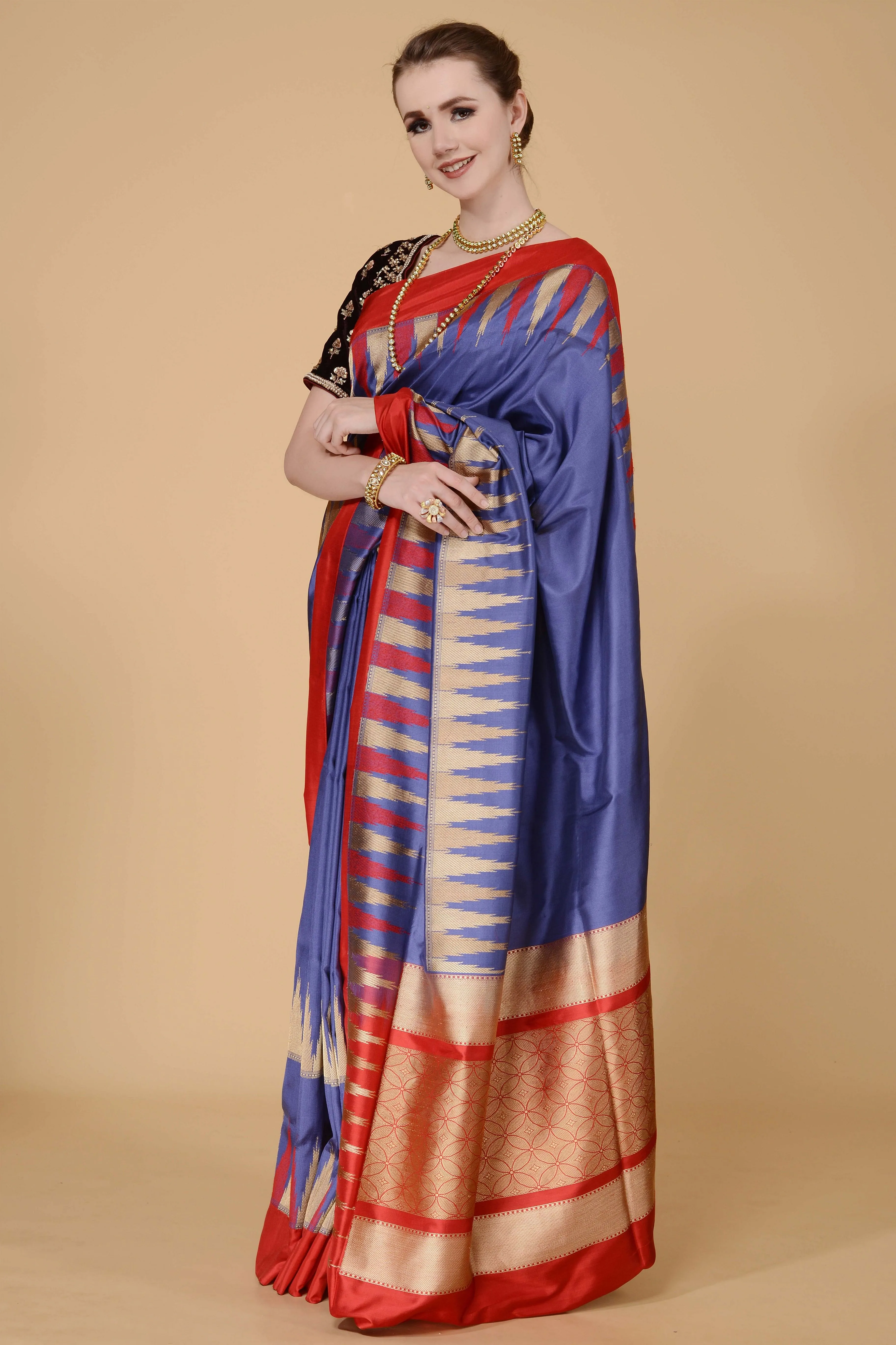 Steel Blue with Red and Golden Border Banarasi Saree