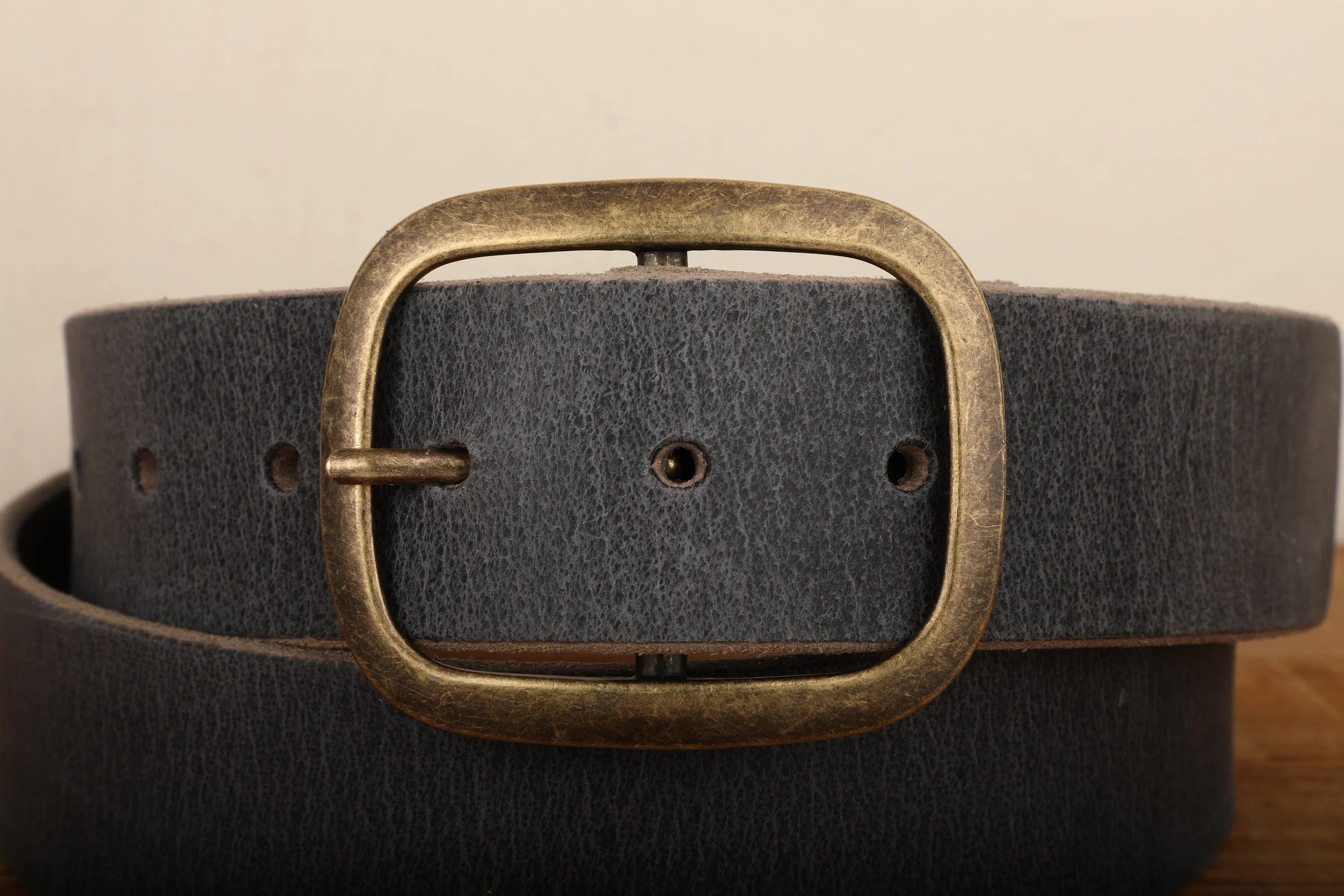 Steel Grey Leather Belt with Antique Brass Buckle - Handmade in USA - Gunmetal Water Buffalo Unisex Snap Belt