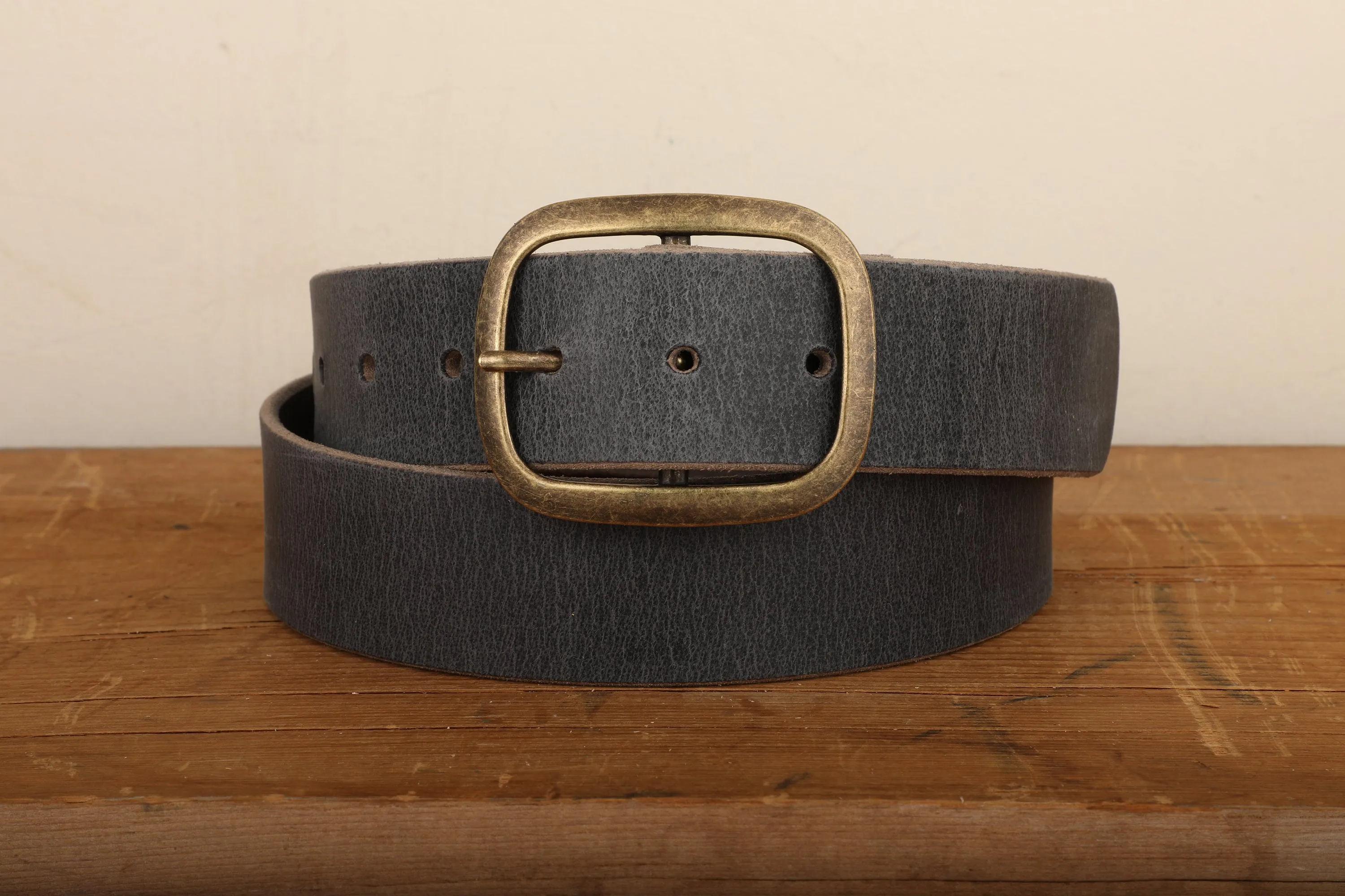 Steel Grey Leather Belt with Antique Brass Buckle - Handmade in USA - Gunmetal Water Buffalo Unisex Snap Belt