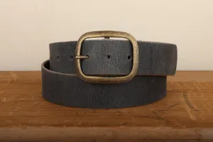 Steel Grey Leather Belt with Antique Brass Buckle