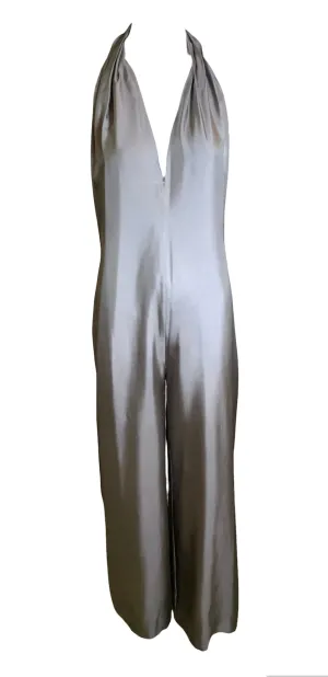 Stella McCartney Pewter Silver Silk Twill Halter Tie Neck Jumpsuit