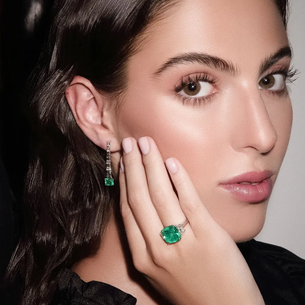 Step Cut Drop Emerald and Diamond Earrings