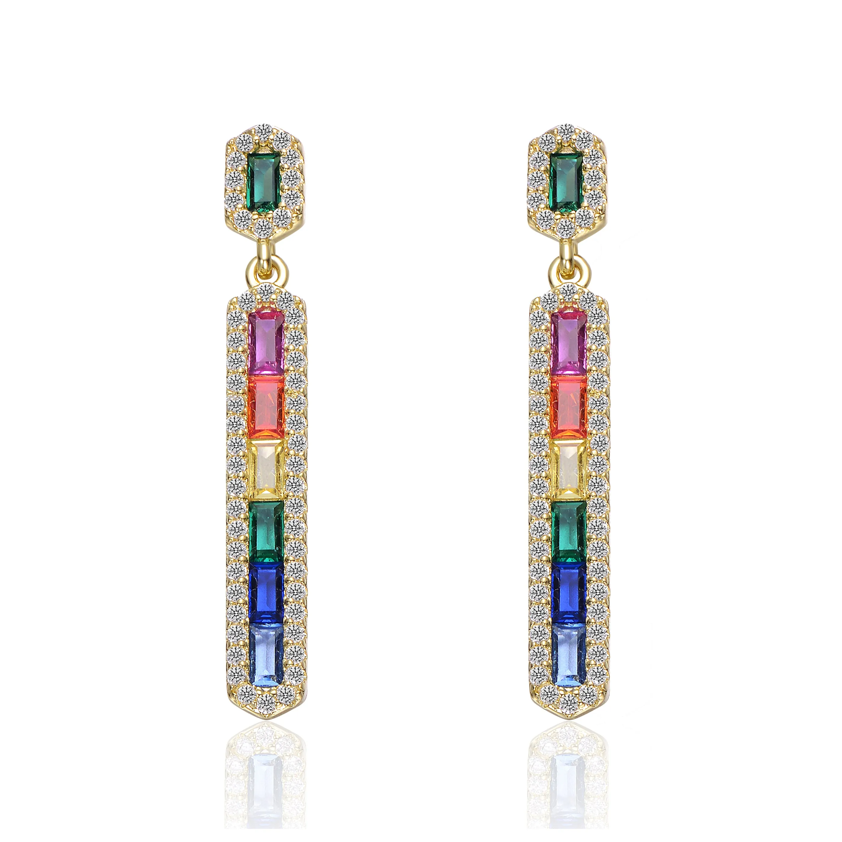 Sterling Silver 14k Gold Plated Rainbow & White Cubic Zirconia Linear Dangle Earrings