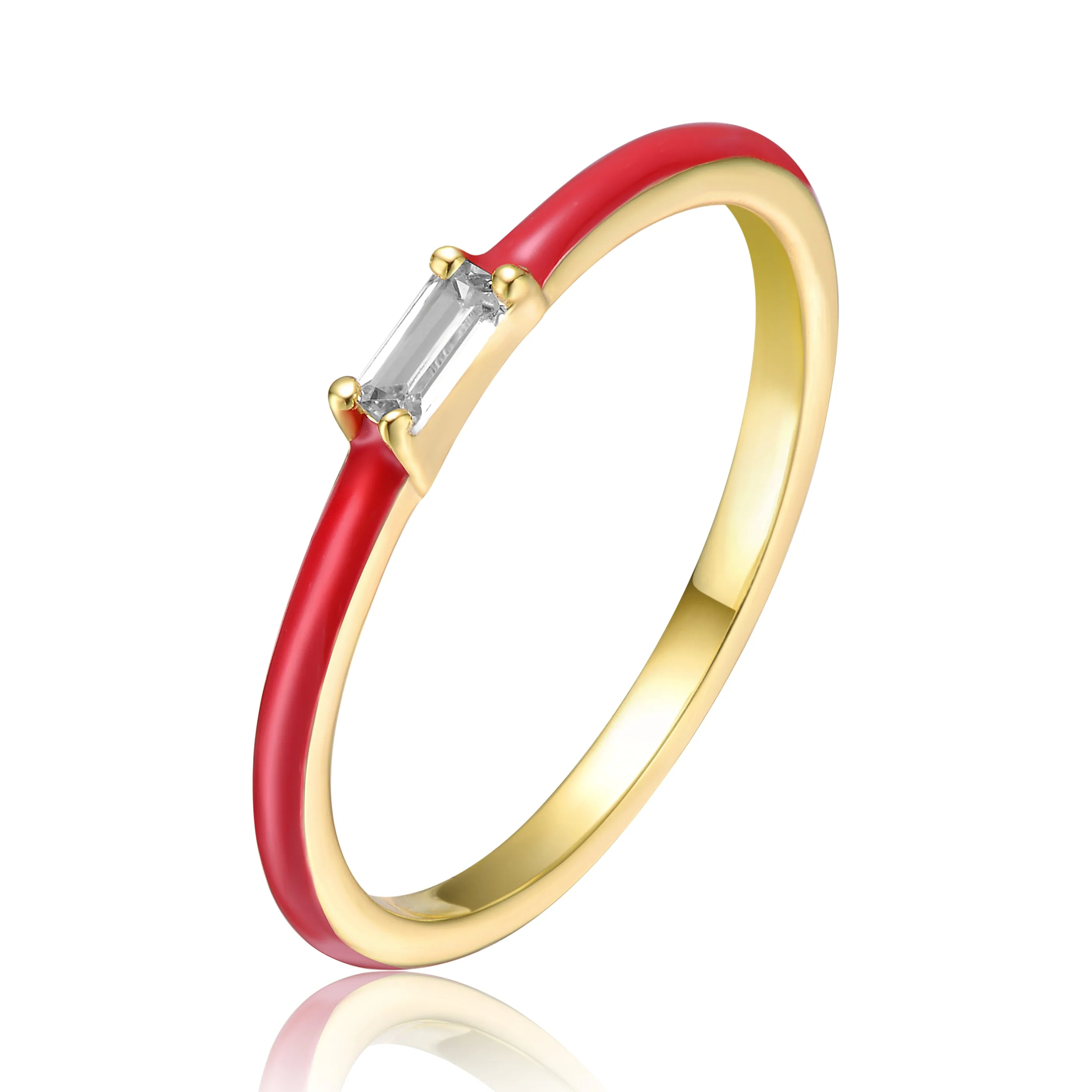 Sterling Silver 14k Yellow Gold Plated with Cubic Zirconia Baguette Solitaire Magenta-Red Enamel Slim Stacking Ring