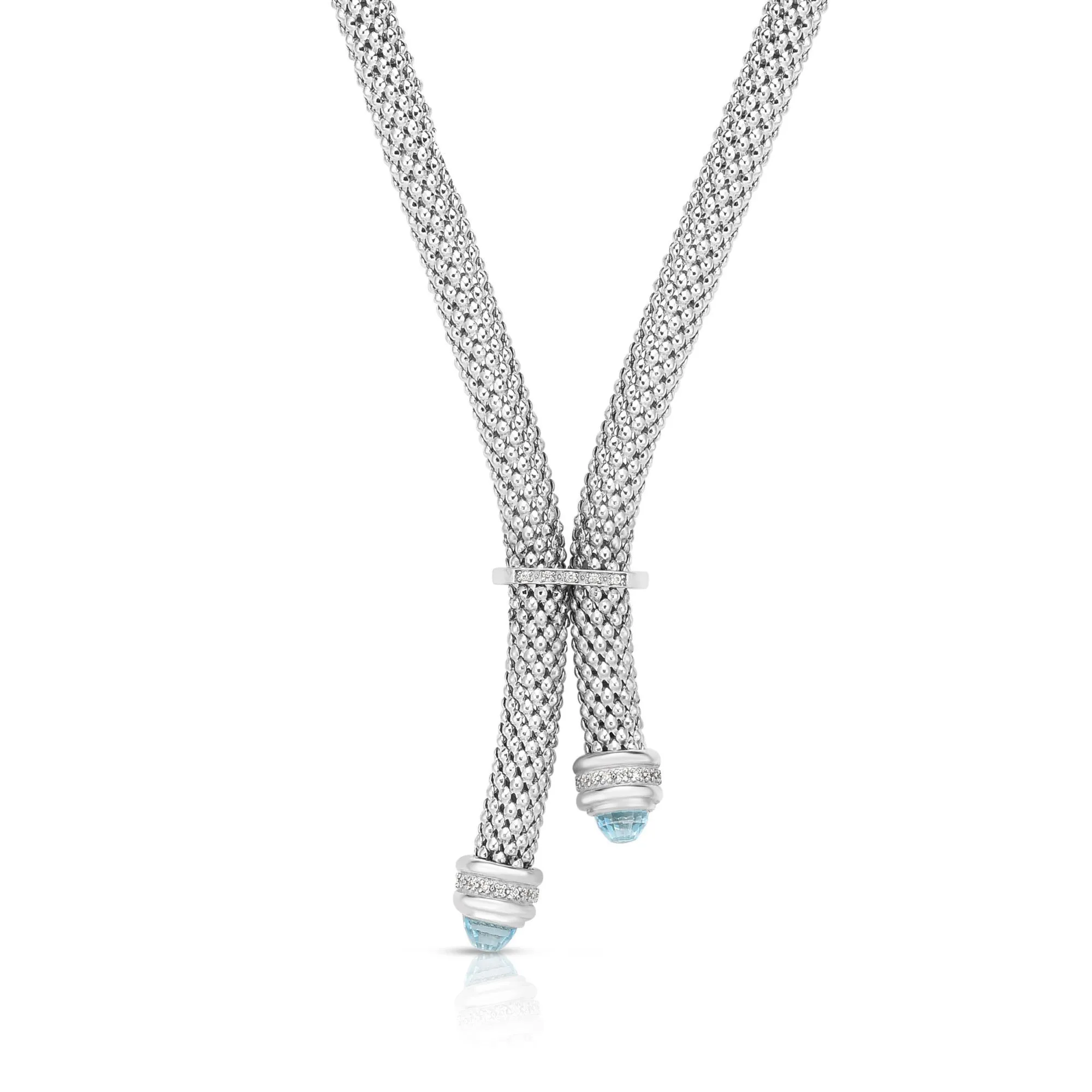 Sterling Silver 18 inches with Rhodium Finish 7mm Shiny Dome Lariat Popcorn Length Necklace with Giant Spring Ring Clasp with 0.0950ct 1mm White Diamond  Round Blue Topaz