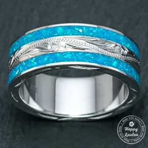 Sterling Silver 8mm Hawaiian Jewelry Ring with Azure Blue Opal Duo Inlay - Flat Shape, Standard Fitment