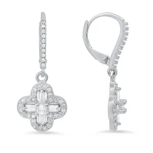 Sterling Silver Baguette-cut Clover Dangle CZ Leverback Earrings