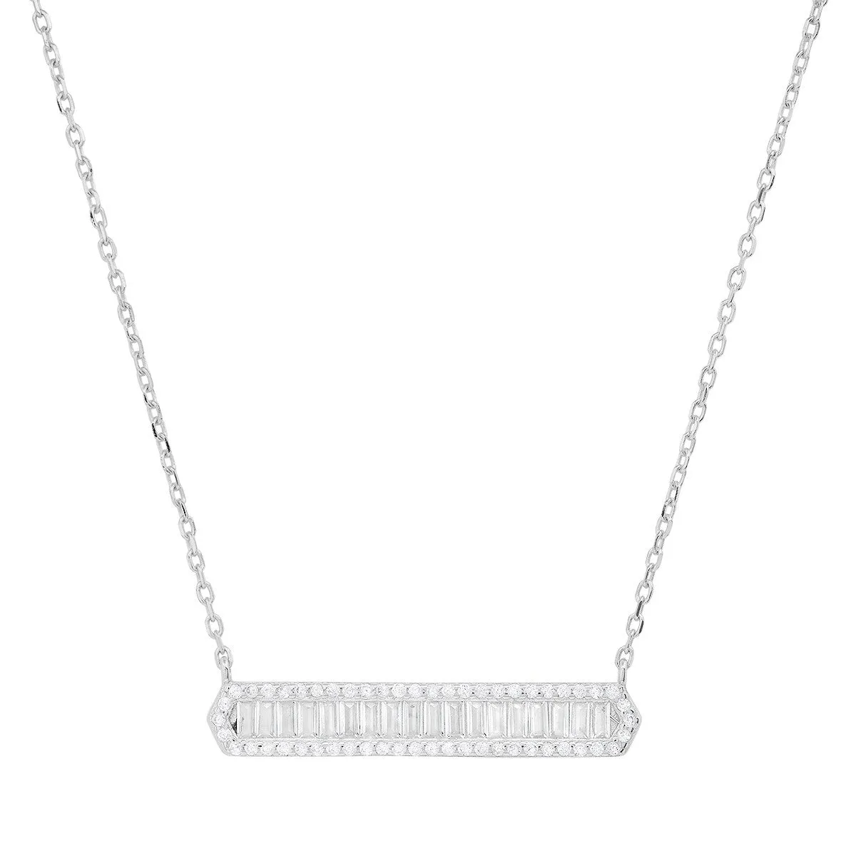 Sterling Silver Baguette-cut CZ Bar Necklace