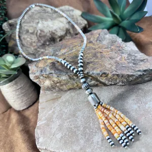 Sterling Silver Beaded Necklace with Orange Spiny Oyster Tassel