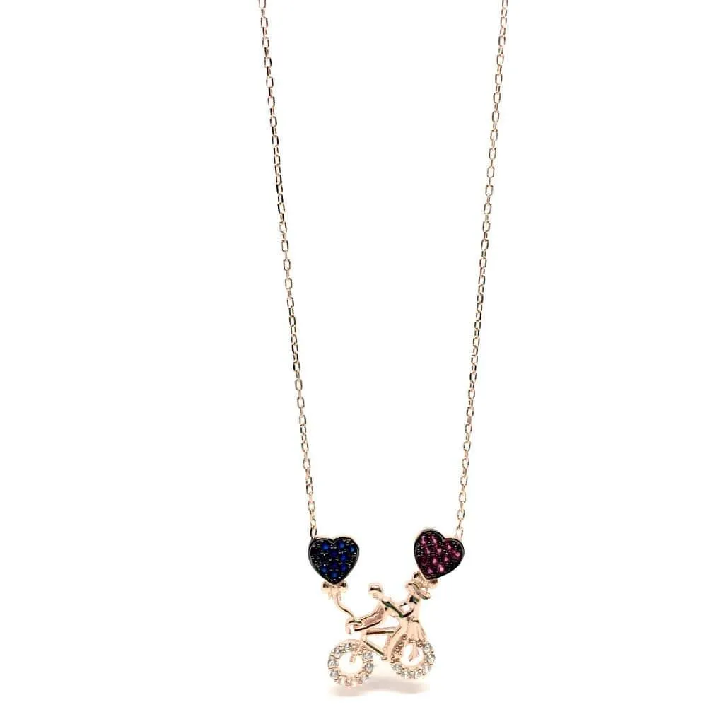 Sterling Silver Bicycle Necklace with Cubic Zirconia Hearts Pendant