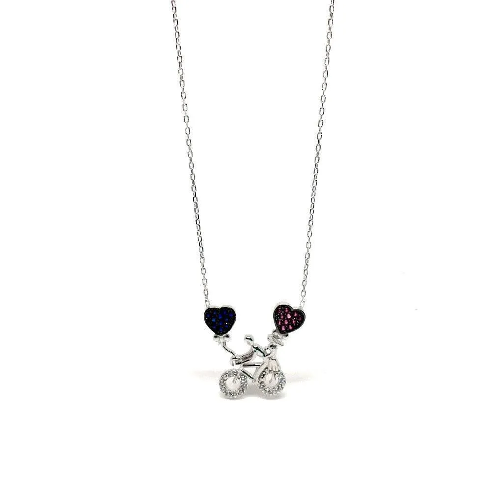 Sterling Silver Bicycle Necklace with Cubic Zirconia Hearts Pendant