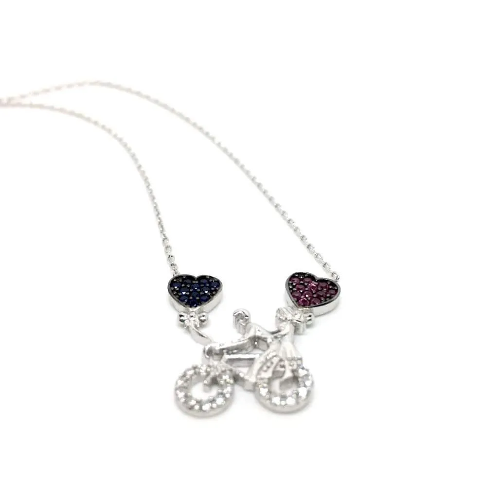 Sterling Silver Bicycle Necklace with Cubic Zirconia Hearts Pendant