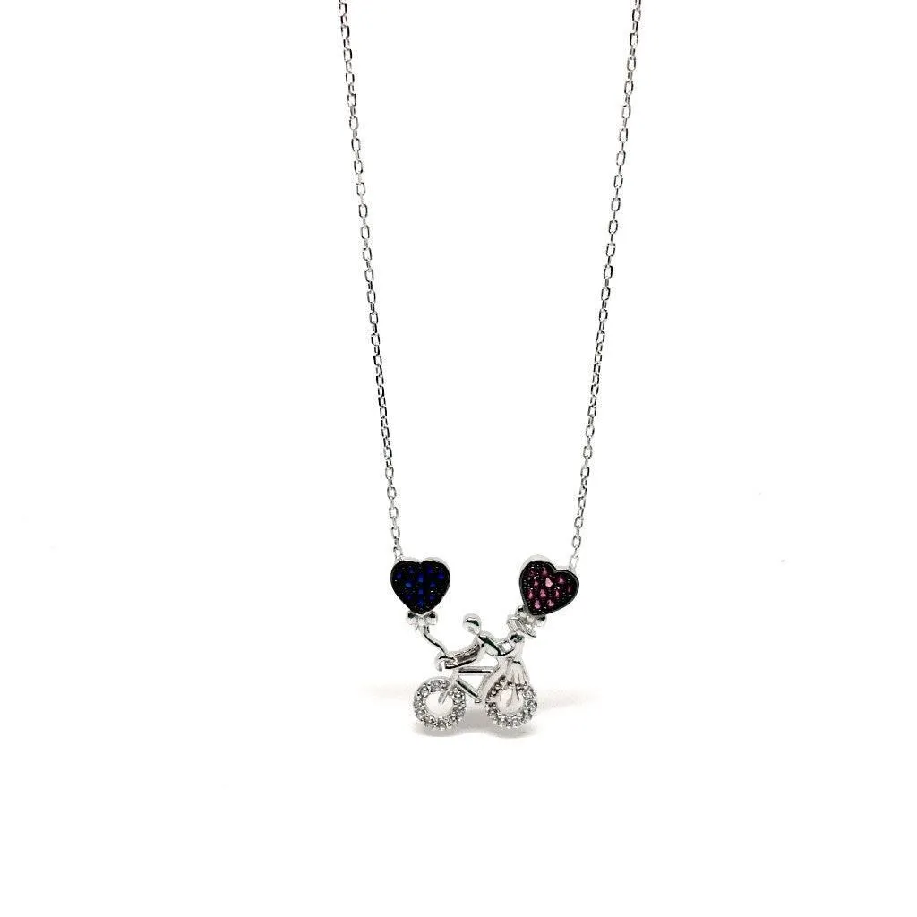 Sterling Silver Bicycle Necklace with Cubic Zirconia Hearts Pendant