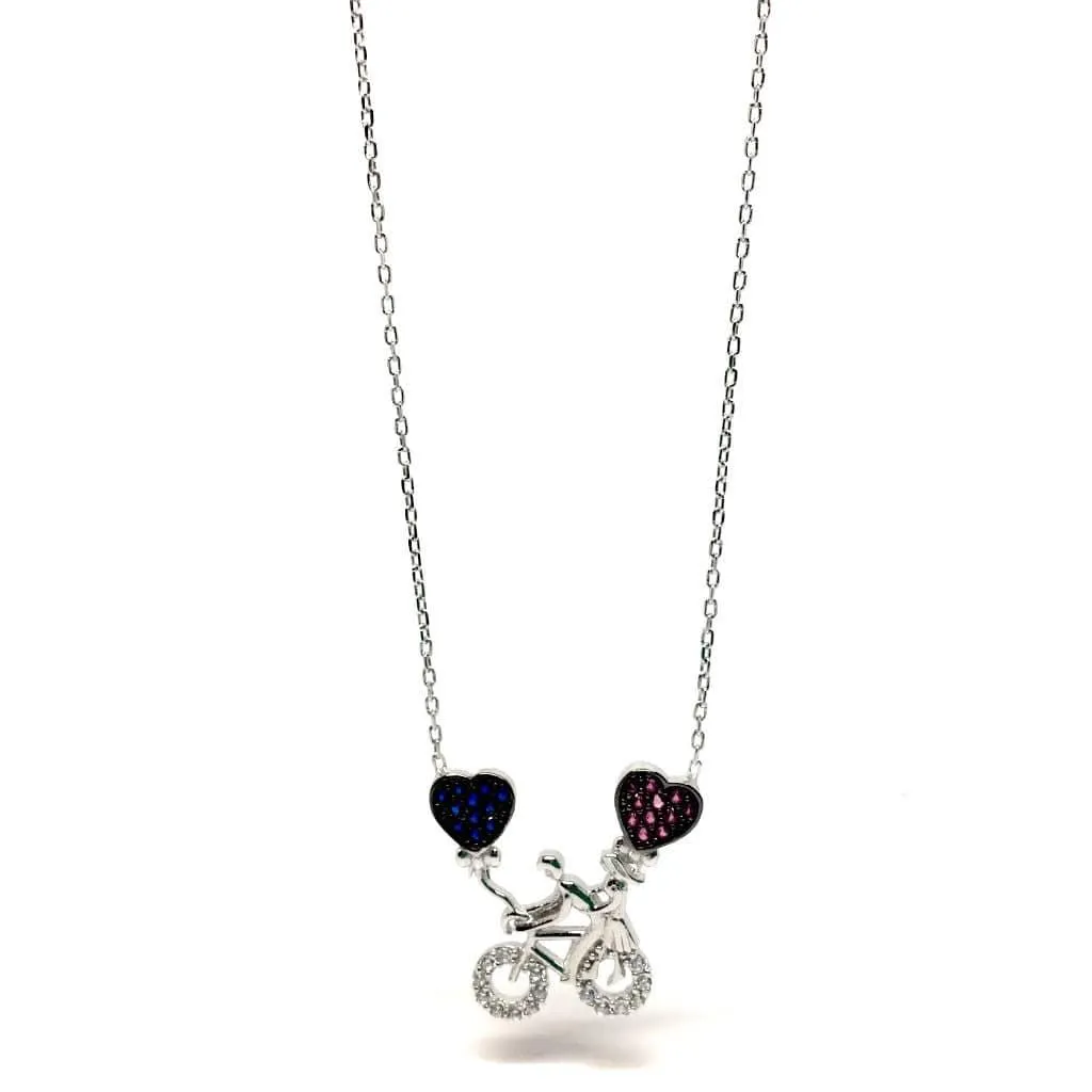 Sterling Silver Bicycle Necklace with Cubic Zirconia Hearts Pendant