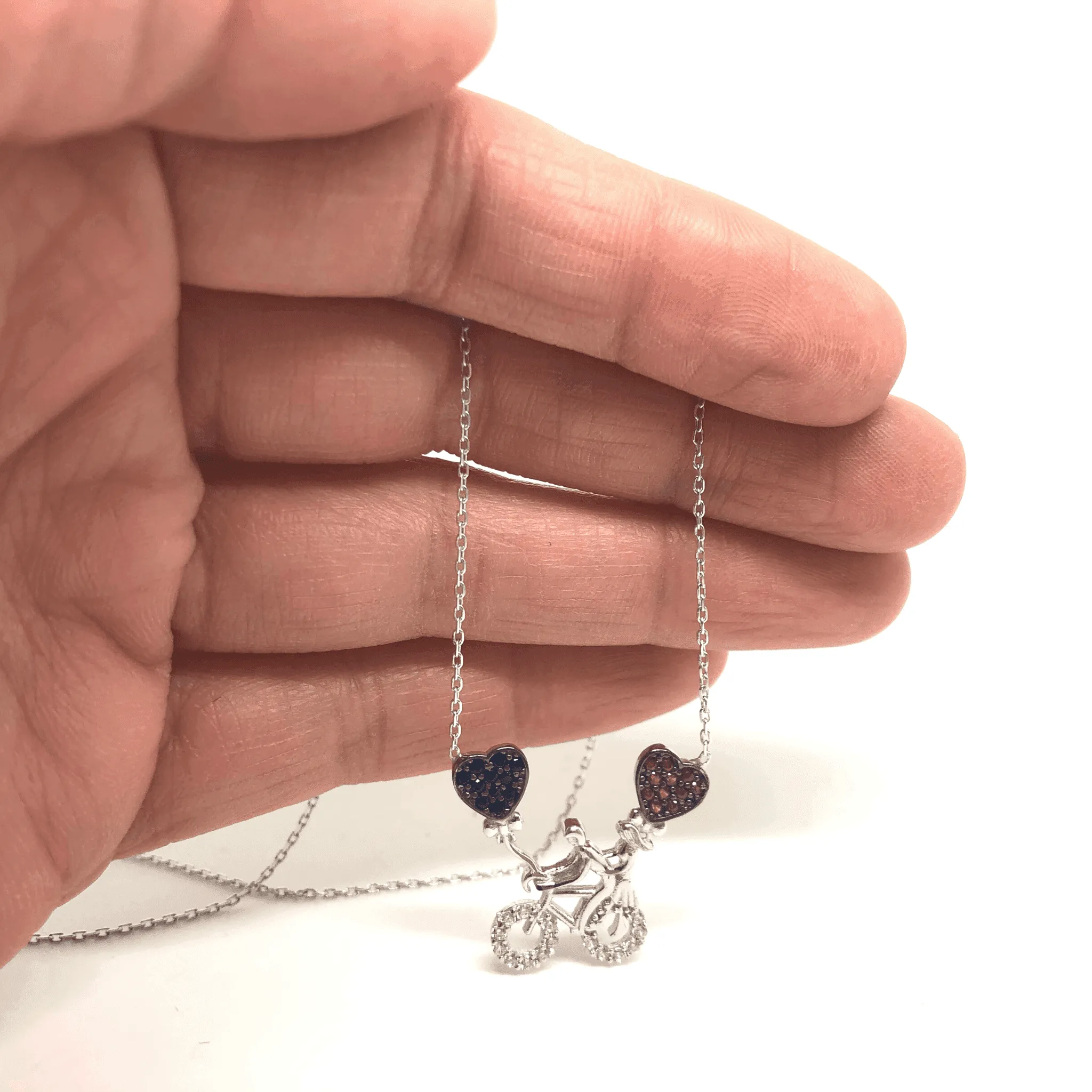 Sterling Silver Bicycle Necklace with Cubic Zirconia Hearts Pendant