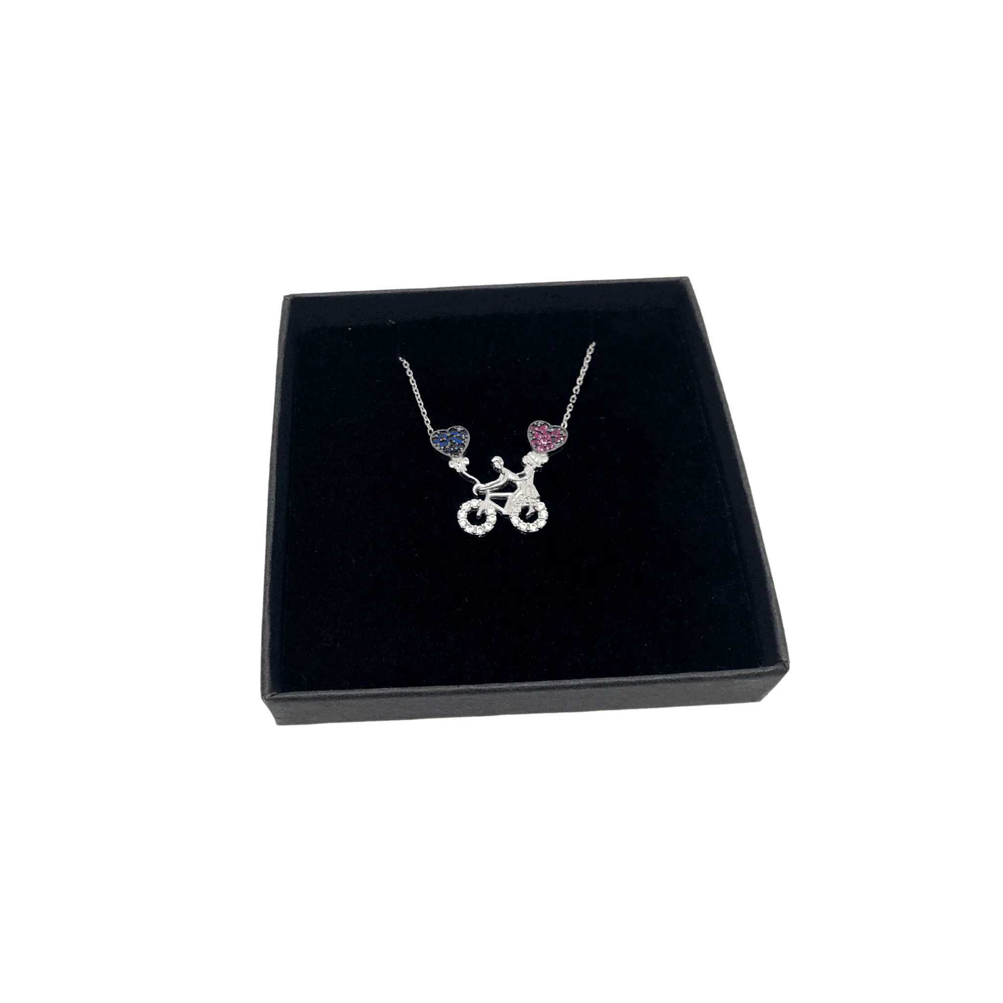 Sterling Silver Bicycle Necklace with Cubic Zirconia Hearts Pendant