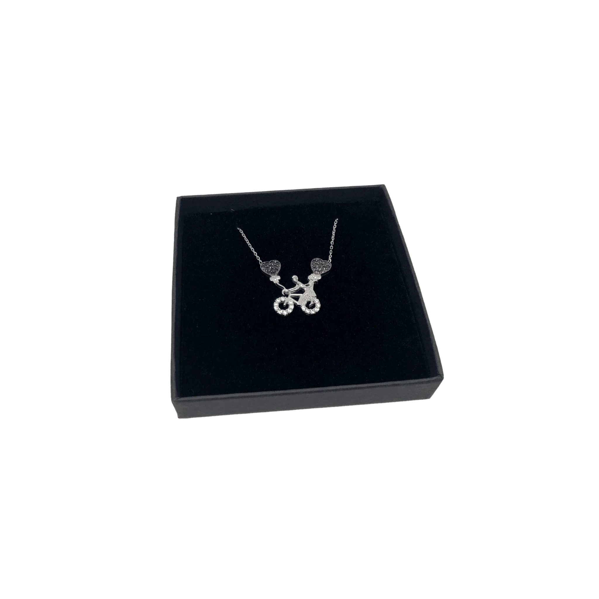 Sterling Silver Bicycle Necklace with Cubic Zirconia Hearts Pendant