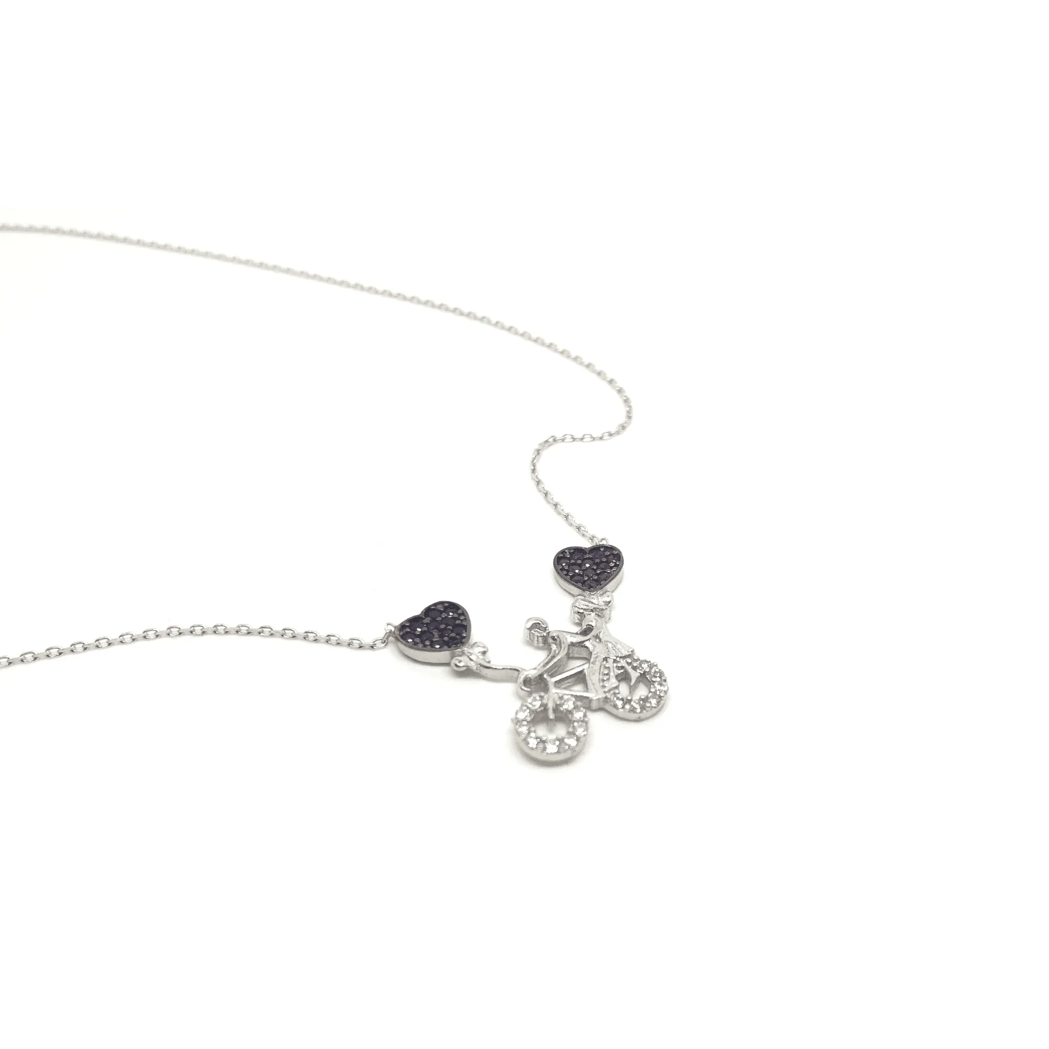 Sterling Silver Bicycle Necklace with Cubic Zirconia Hearts Pendant