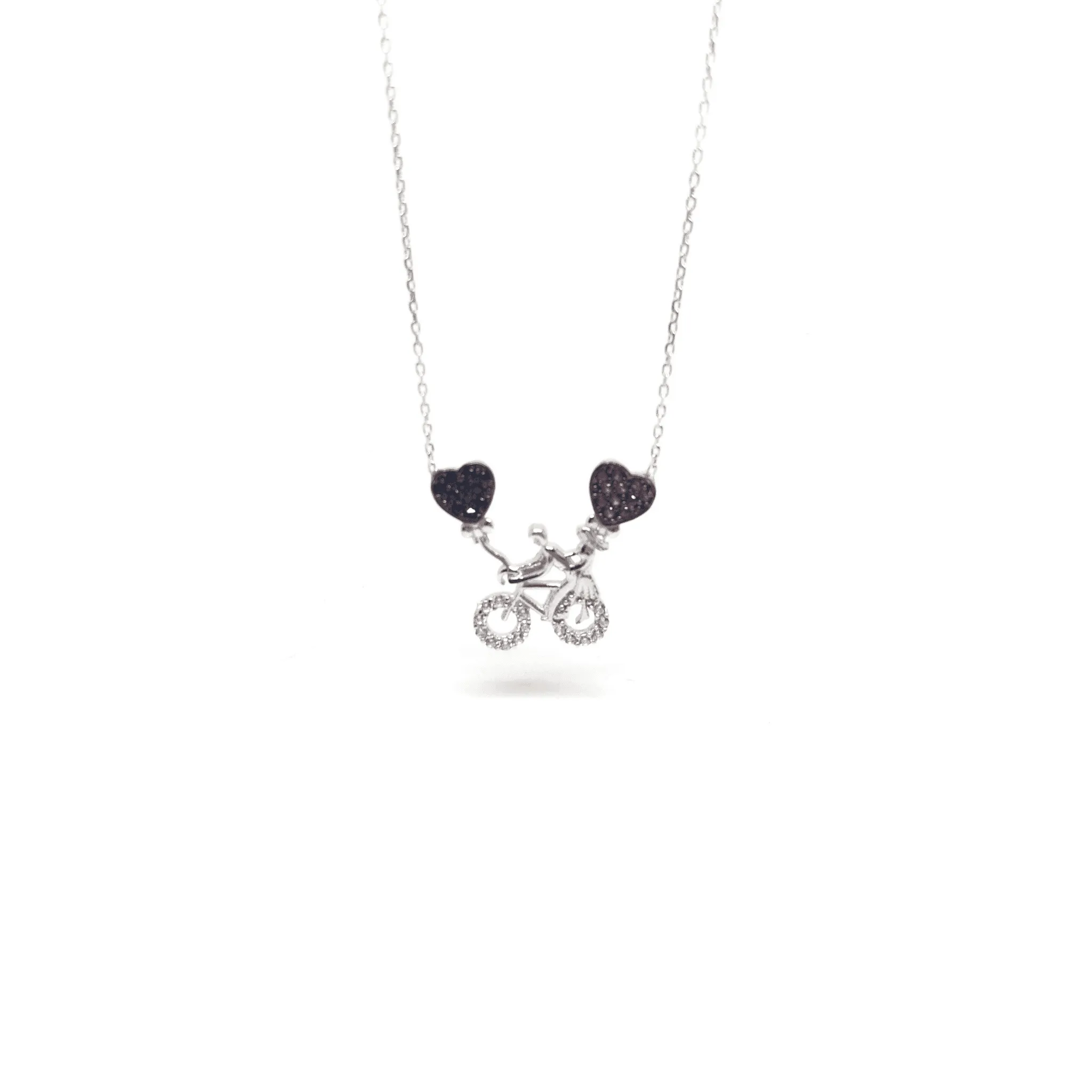 Sterling Silver Bicycle Necklace with Cubic Zirconia Hearts Pendant