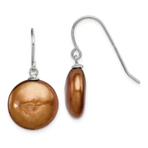 Sterling Silver Brown Coin Pearl Drop Earrings