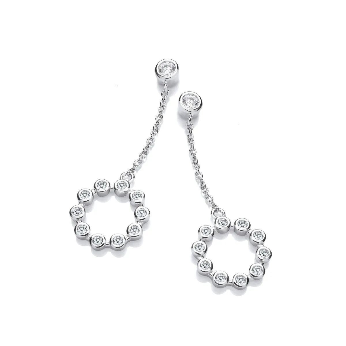 Sterling Silver Circle Chain Drop CZ Earrings