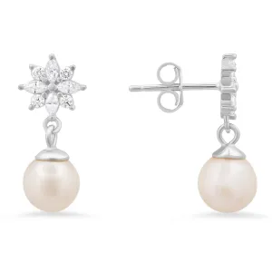 Sterling Silver Dangling Floral CZ & Pearl Stud Earrings