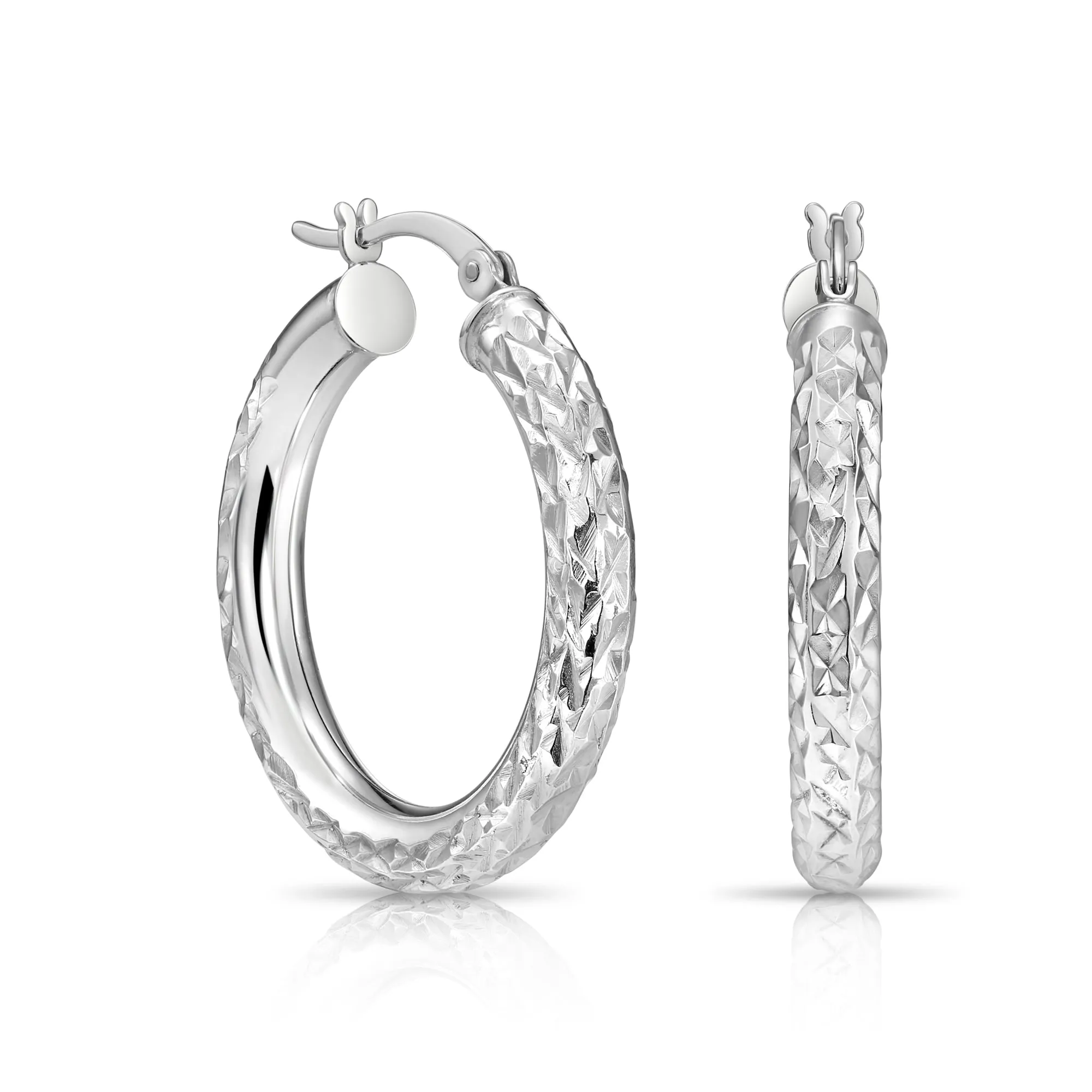 Sterling Silver Diamond-Cut Round Hoop Earrings, Medium Hoop Earrings 28mm, Hand Engraved Design