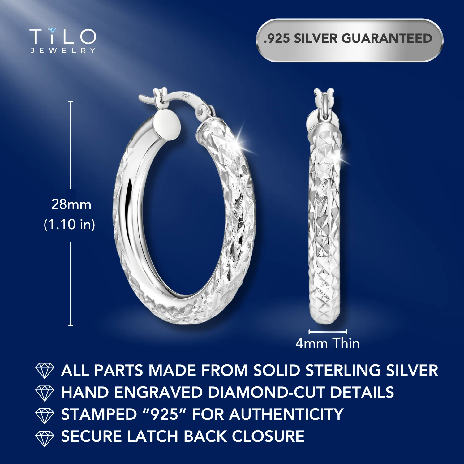 Sterling Silver Diamond-Cut Round Hoop Earrings, Medium Hoop Earrings 28mm, Hand Engraved Design