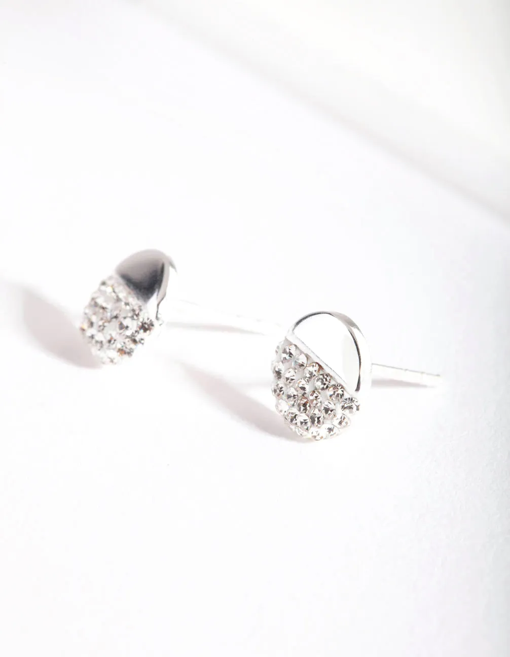 Sterling Silver Half Pave Diamante Stud Earrings